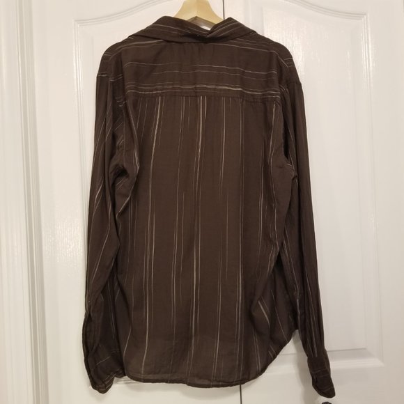 Vintage Brown Striped 100% Cotton Button Up Lightweight & Breathable Long Sleeve - Picture 3 of 9